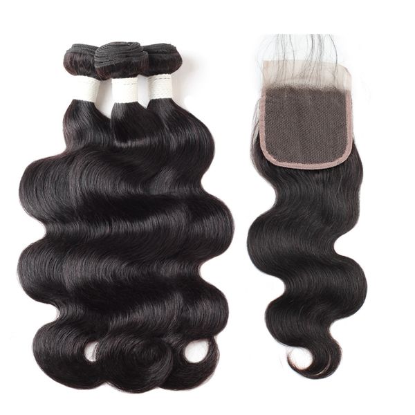 Ishow 9A Body Deep Straight Water Wave Hair Human Bundles with Lace Closure 8-28 inch Remy Extensions Weft for Women All Ages Natural Black Color