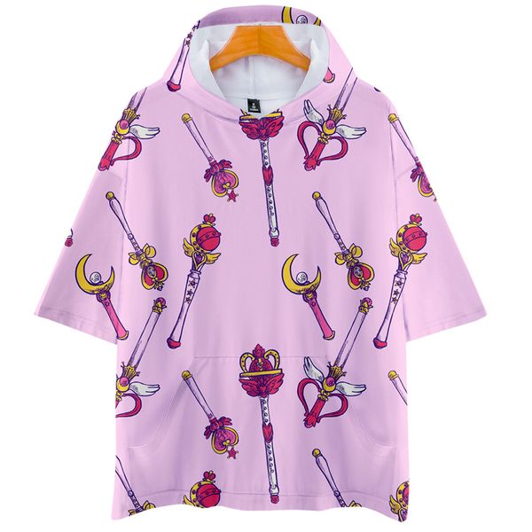 

leisure hip hop 3d sailor moon printing summer hoodies women and men clothes 2019 fashion hooded short sleeve hoodies, Black