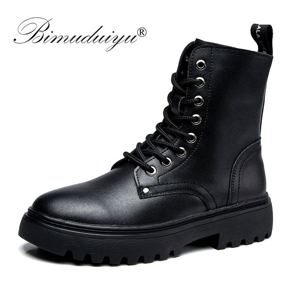 

bimuduiyu women flat platform boots autumn winter plus fur fashion round toe leather boots england motorcycle ankle ladies, Black