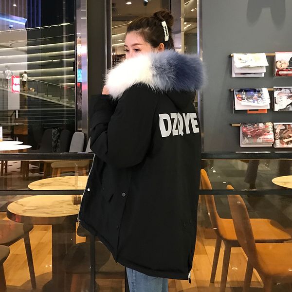 

women long jackets 2020 winter solid parka plus size thick hooded fur collar letter print warm ladies coats doudoune femme hiver, Black