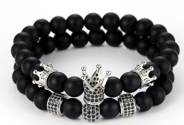 

8mm 2pcs/set ths432 elastic adjusted nature frosted agate onyx micro pave cz zircon cubic zirconia crown charm bracelet, Black