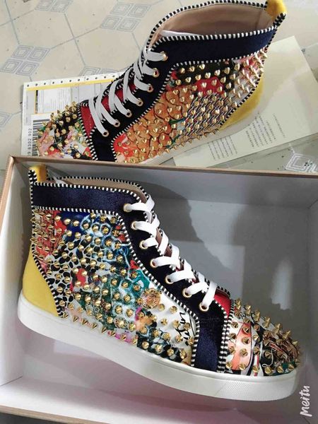 

red suede + mix spikes high red bottom sneakers shoes for women,men famous brand casual walking -- party wedding with box, Black