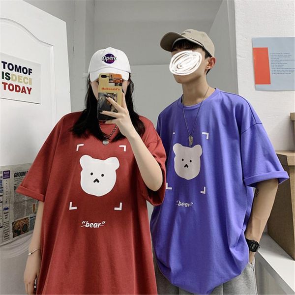 

корейский стиль 2020 новая мода лето мужчины / женщины футболки с коротким рукавом мультфильм медведь printed твердые tshirts для мужской hi, White;black