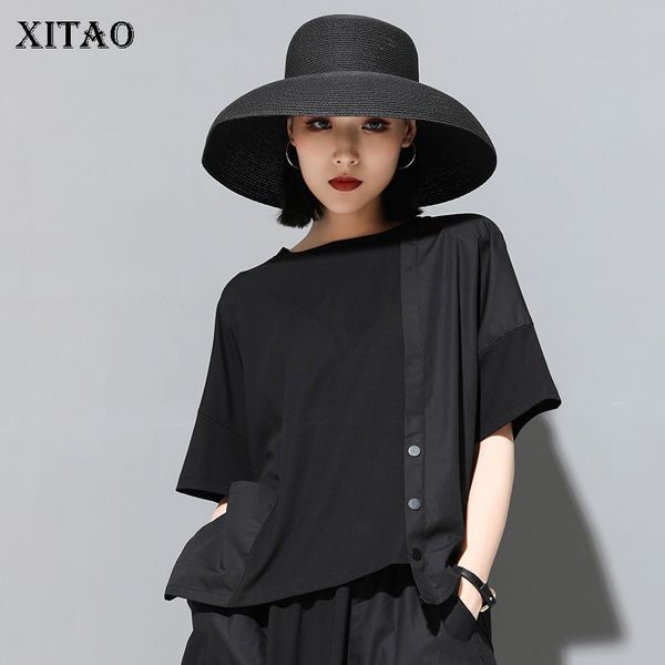 

xitao] women 2019 summer new korea fahsion o-neck short sleeve loose tee female patchwork button pocket loose t-shirt wld1074, White