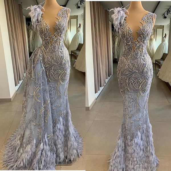 

арабский дубай русалка вечернее платье с отстегивающимся поезд sheer вырез кружева бисер перо пром платья длинные формальное партии мантий v, Black