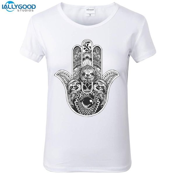 

women's tee summer funny hamsa hand sloth t-shirt women palm printed t shirts o - neck soft short sleeve casual white s1738