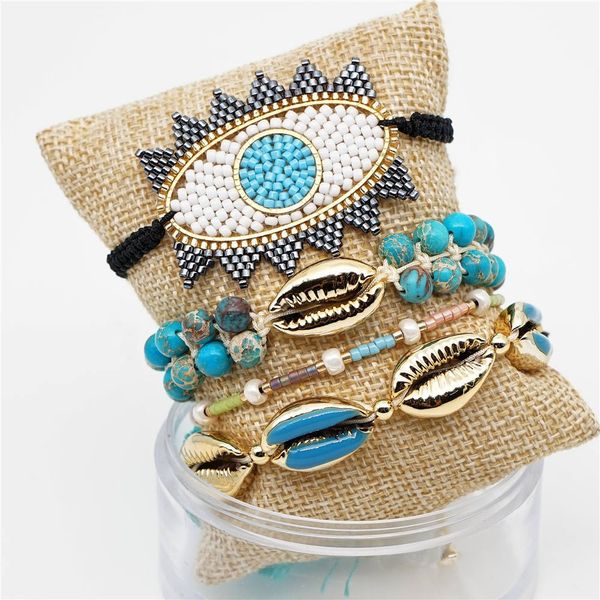 

joye new womans fashion 2020 turkish gothic miyuk evil eye bracelet sea shell ladies bangles handmade beaded blue woman bracelet, Golden;silver