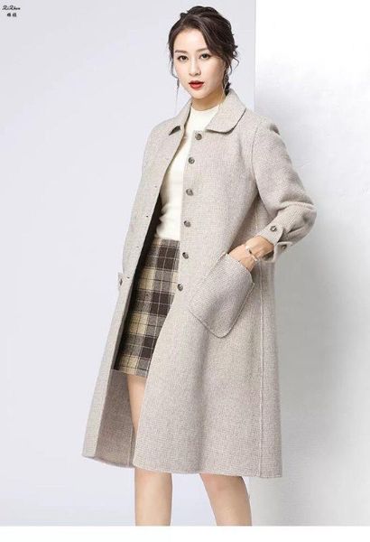 

zizhen 100%woolen medium length trench single breasted beige spring women overcoat with pockets,Â Â kqn20200423-1, Black