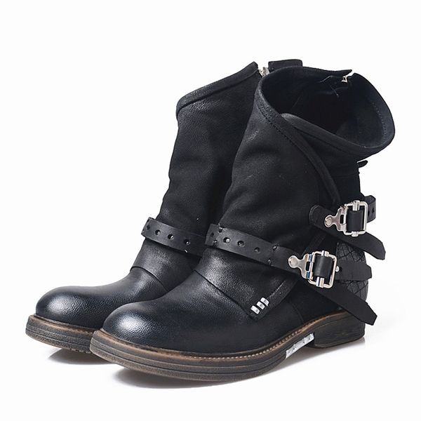 

pleated riding equestrian boots women 2019 fashion punk med heels keep warm winter shoes women cool retro belt buckle shoes, Black