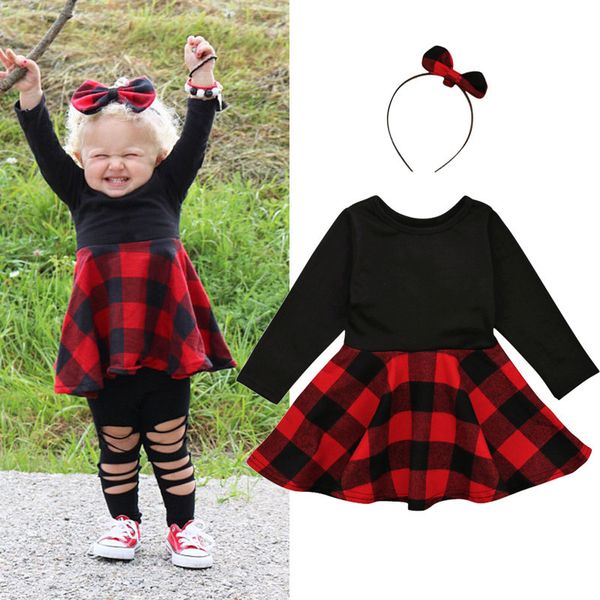 

infant toddler baby girls clothes red plaid dress long sleeve skirt with bowknot headband fall party dress, Red;yellow