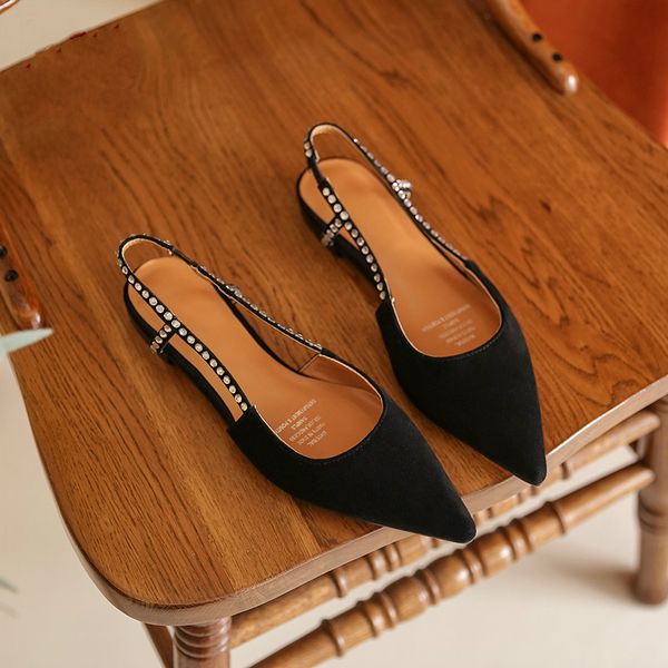 

summer women's pumps kid suede pointed toe women shoes size 34-40 buckle strap solid crystal slingbacks ladies shoes, Black