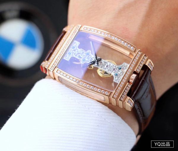 

men's two-piece hollow double-sided penetrating watch 316 stainless steel case blue tempered glass mirror striped mechanical movement, Slivery;brown