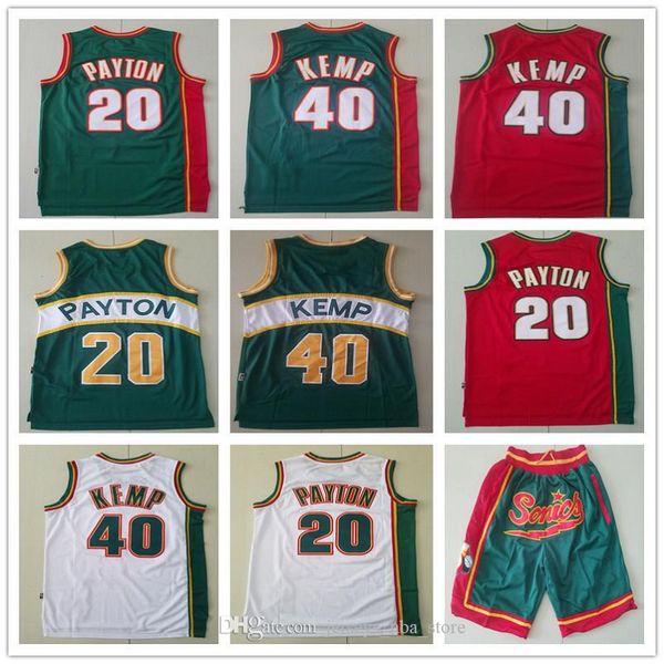 

mens seattle supersonics throwback gary 20 payton shawn 40 kemp basketball shorts basketball jerseys red white blue high quality, Black;red