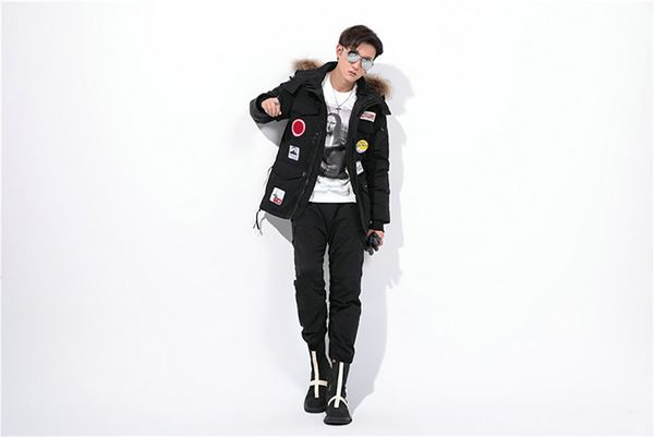 

men winter jacket large fur collar goose down winter coat new fashion logo printing brand down jacket canada outdoor warm parka, Black