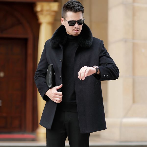 

1881 new fashion winter men's clothes striped woolen coat men's 75% cashmere blends overcoat long youth trench coat, Black