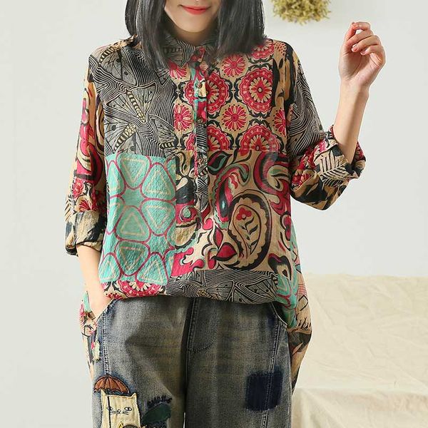 

women's blouses & shirts ethnic vintage style spring printed long-sleeve women plus size print cotton linen button casual female, White
