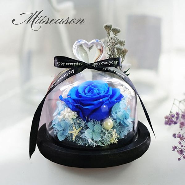 

1set small rose in a glass dome on a wooden base for women valentine's gifts home table decoration eternal flowers birthday gift