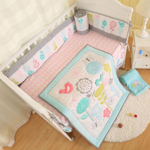 

5 piece mint green and grey baby crib bedding set birds for girls and boys-comforter, fitted sheet, skirt,bumpers,blanket