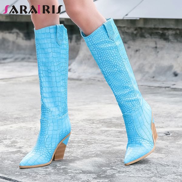 

sarairis knee high boots woman fashion autumn winter strange high heels slip on boots woman plus size 33-46, Black