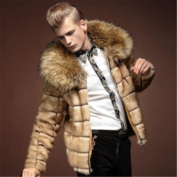 

2018 autumn and winter new men's faux fur coat big fur collar warm long section artificial windbreaker cotton clothing, Black