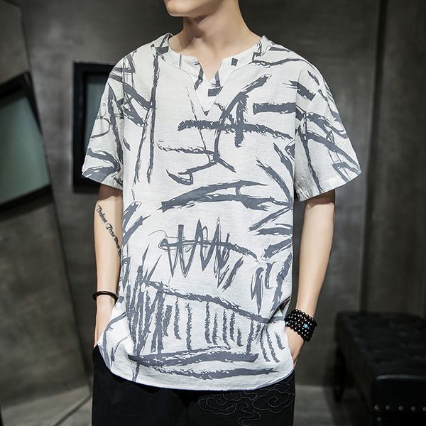 

men's shirt summer cotton linen vintage style half sleeve male shirt camisa masculina casual print blouse men's clothing, White;black