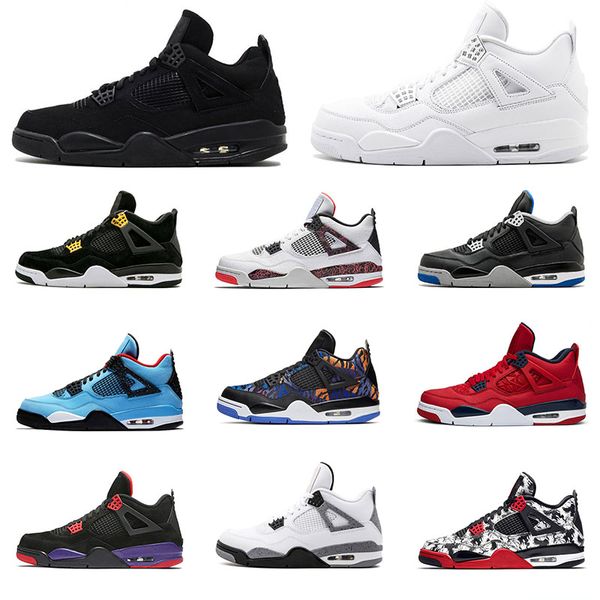 

air jordan retro 4 4s travis scott black cat mens basketball shoes pure money white what the motorsport pale citron sports sneakers, White;red