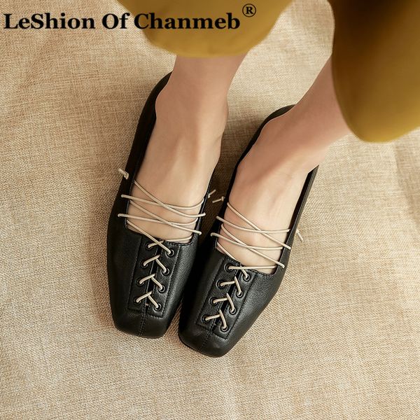 

new soft cow leather casual shoes for women cross elastic band ballet flats square toe espadrilles ladies moccassapato feminino, Black