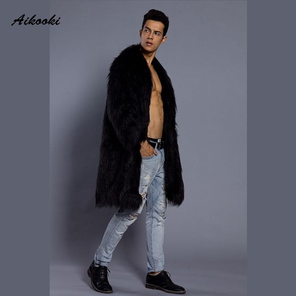 

winter fashion men's faux fur overcoat casual long windbreaker thick warm popular man leather fur coats trench imitation, Black
