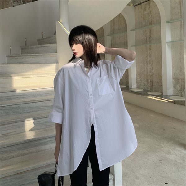 

real s2020 spring summer black fashion design irregular loose shirt women's mid-length korean casual wild vacation shirt, White