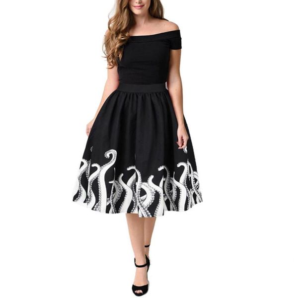 

evening party summer women 3d ocs print high waist skater a-line midi skirt, Black