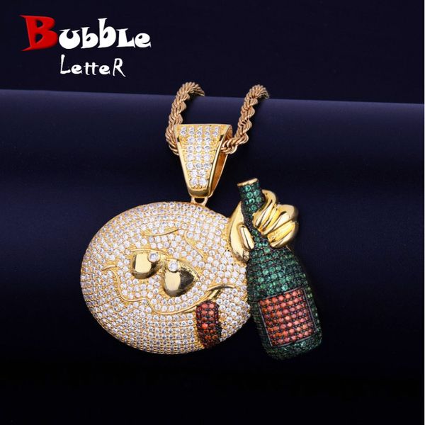 

gold face with wine bottle pendant necklace gold silver color cubic zircon men's hip hop rock jewelry 24" chain