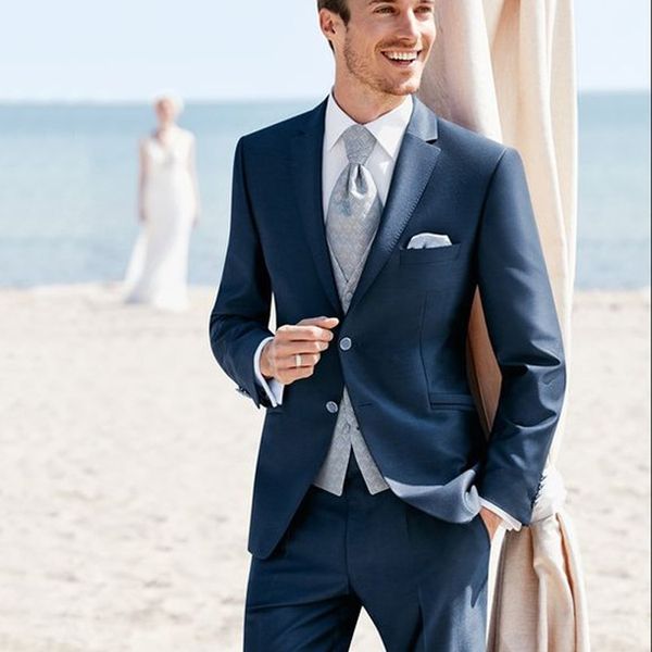 

handsome beach wedding tuxedos 2 pieces notched lapel groom wear suits slim fit two button mens formal prom dinner blazer (jacket+pants, Black;gray