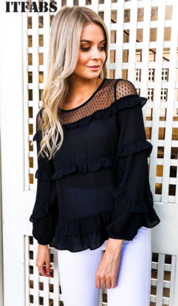 

women's blouses & shirts 2021 retro women chiffon transparent lace mesh flower loose shirt blouse tee, White