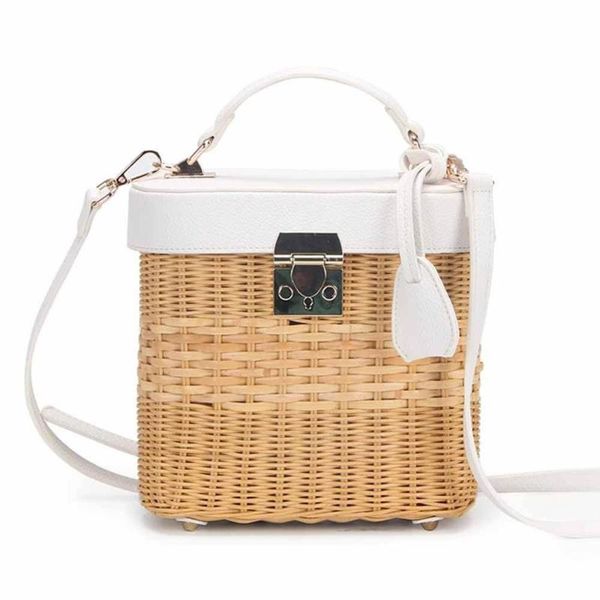 

caker 2020 women ratton box handbag fashion yellow pu leather+straw bucket beach bags wholesale