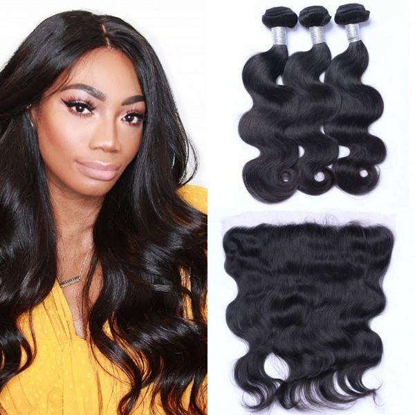 

бразильская человеческих волос weave объемная волна связки с фронтальная отложенной волос 3 связки с 13x4 lace фронтальным закрытие, Black;brown