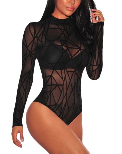 

women bodysuit jumpsuit clubwear ladies elegant sheer mesh long sleeves leotard geometric velvet romper blouse lingerie set underwear, Black;white