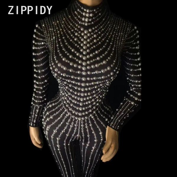 

pearls rhinestone black or nude jumpsuit stretch leggings women's prom party outfit nightclub female singer show stage wear, Black;white