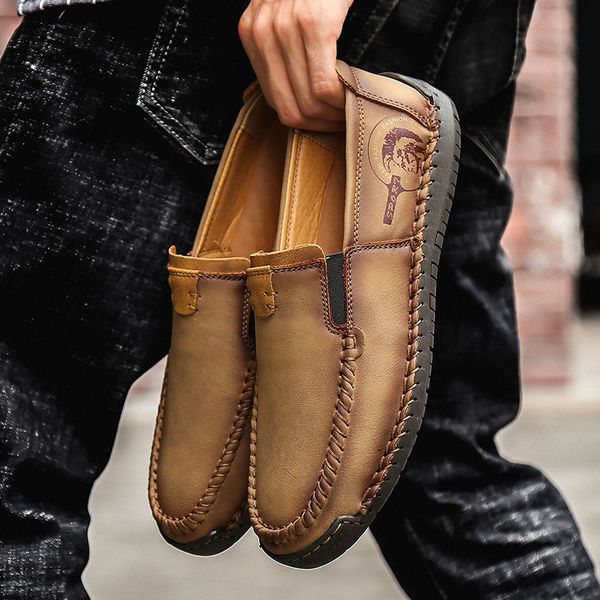 

men four season shoes breathable leather flats loafers men casual shoes fashion slip on driving big size 38-56, Black
