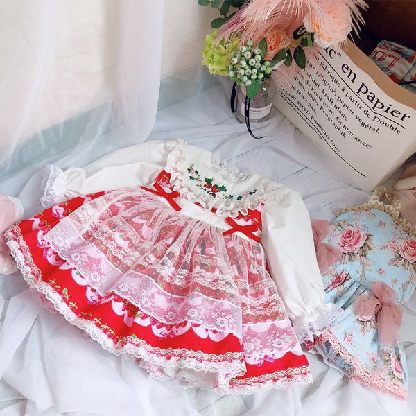 

girl kids designer clothes dress antique spain style embroidery flower and strawberry longsleeve pleated dress spring fall princess dresses, Red;yellow