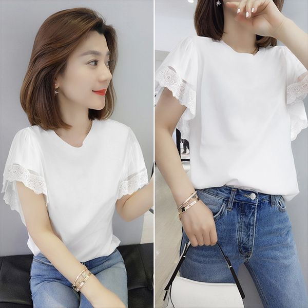 

bobowaltz loose white round collar short sleeve thin t-shirt t-shirt lace lace 2020