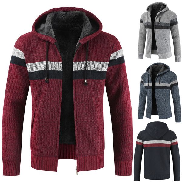 

designer sweater coat men 2019 winter fashion thick warm hooded cardigan jumpers men striped zipper coats men slim contrast color m-3xl, Black;brown