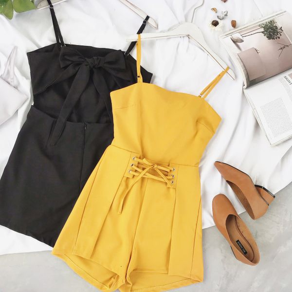 

rompers for women urban summer women pure cross drawstring playsuit shorts ladies elegant backless bowknot romper overalls jumpsuits, Black;white