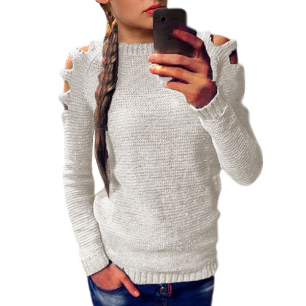 

2019 new women sweaters pullovers autumn round neck long sleeved off-the-shoulder openwork sweater coat jumper a14, White;black