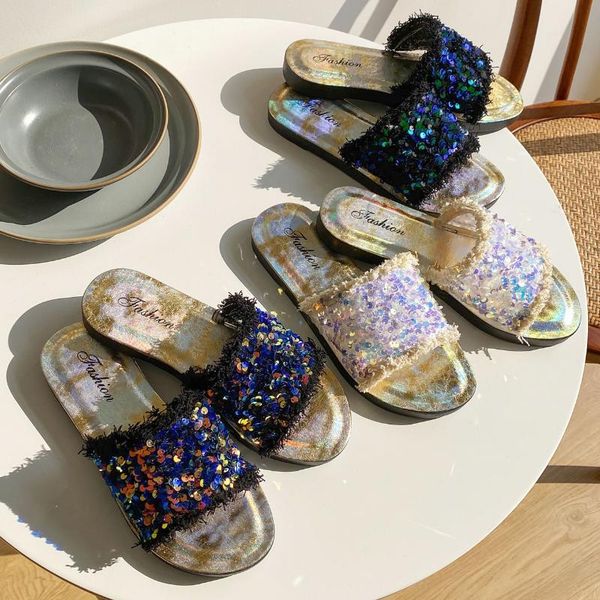 

sagace 2020 women slippers fashion sequins bling slippers women summer slides flip flops outdoor soft bottom, Black