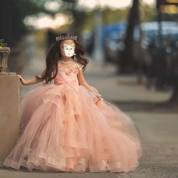 

Coral Flower Girl Dresses Floral Applique O-Neck Fluffy Girl's Birthday First Communion Dresses for Girls Party Gowns