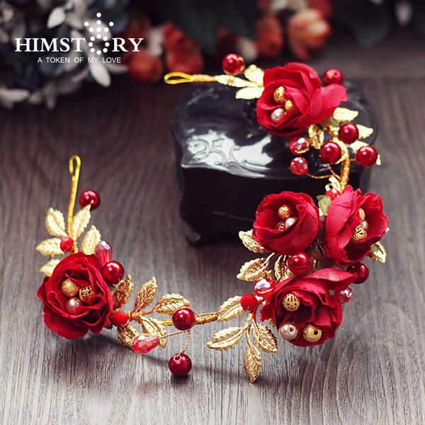 

himstory anew designs handmade red rose flower gold leaf pearl bridal hair jewelry bride hair accessories wedding headpieces, Golden;white
