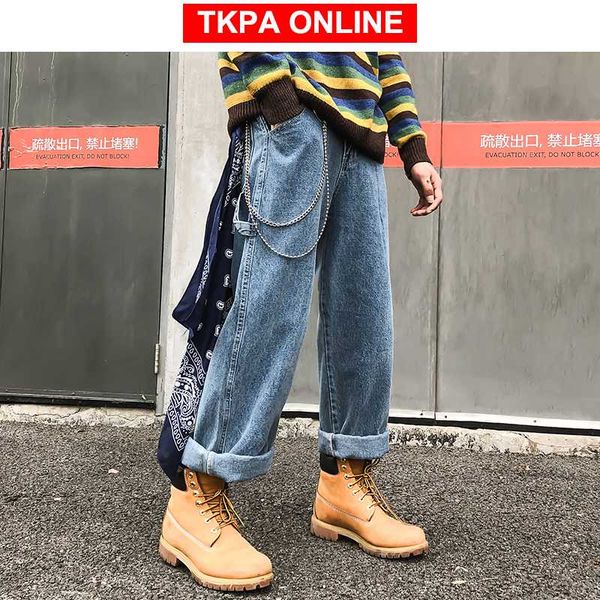 

men streetwear blue straight jeans pants 2020 mens designer high wasit denim pants male overalls fashions harem