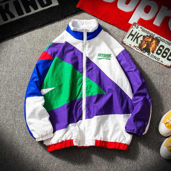 

japanese streetwear jacket men retro color stitching full zip windbreaker jacket spring autumn fashion casual hip hop coat, Black;brown