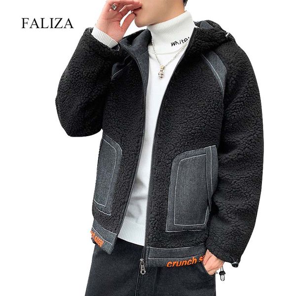 

faliza winter men faux lambswool parkas coat men's casual patchwork printing trend jacket male spliced thick warm hooded outwear, Black