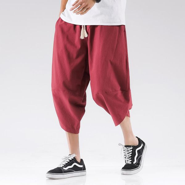 

2019 new harajuku cotton linen mens harem pants summer male casual calf-length pants solid plus size baggy trousers, Black
